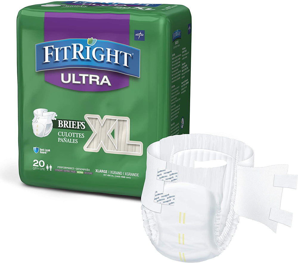 FitRight Ultra Adult Diapers, Disposable Incontinence Briefs with Tabs, Heavy Absorbency, X-Large, 57