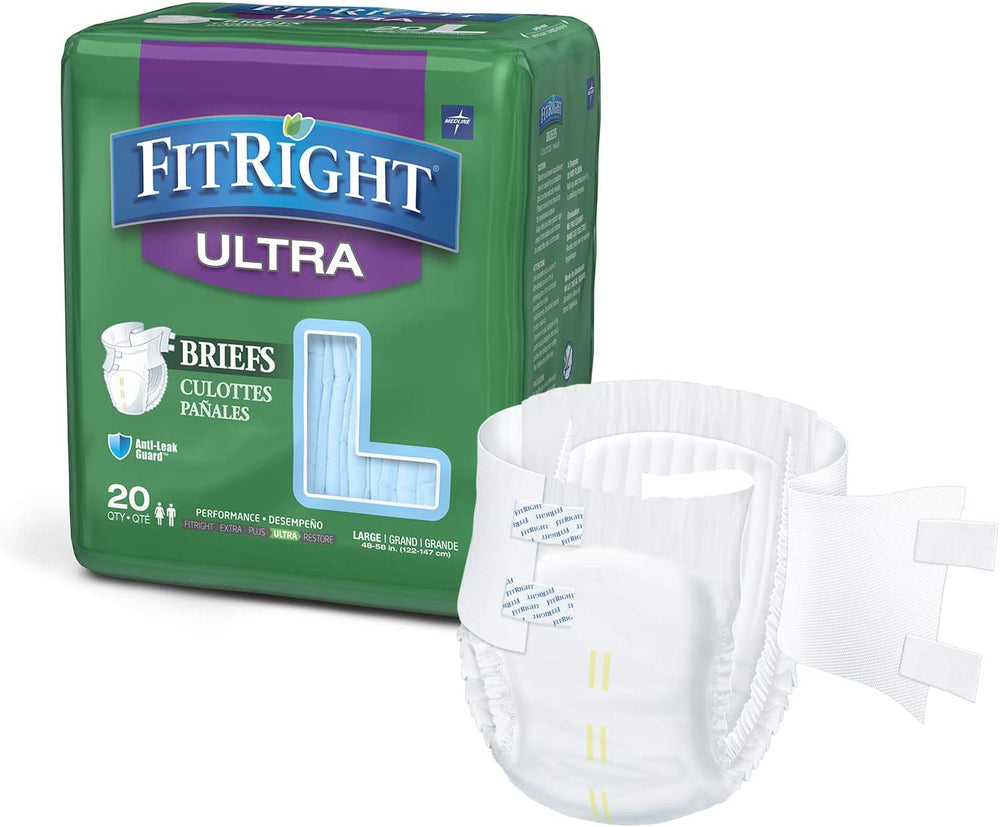 FitRight Ultra Adult Diapers, Disposable Incontinence Briefs with Tabs, Heavy Absorbency, Large, 48